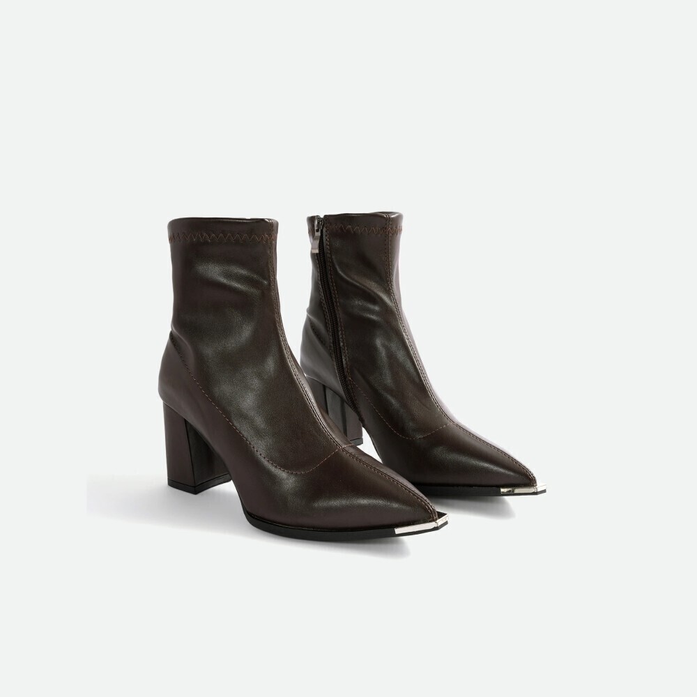 Brown Faux Leather Metal Toe Cap Pointed Block Heel Ankle Boots